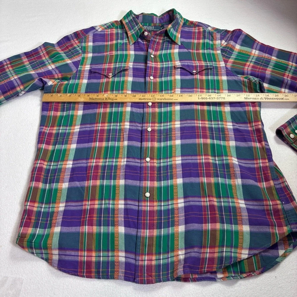 Vintage Polo Ralph Lauren Purple Plaid Pearl Snap Western Cowboy Shirt L Ranch
